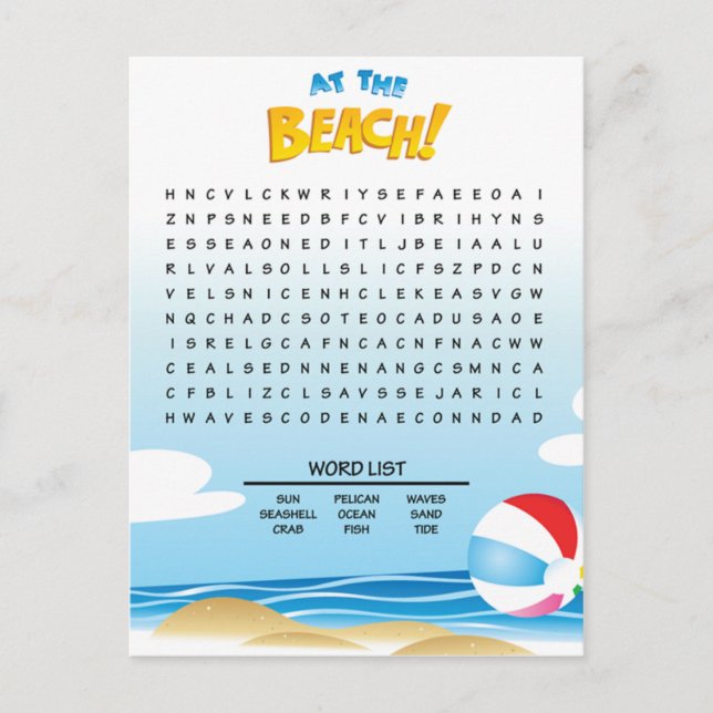 Postale À la carte d'activité Recherche de mot de plage (Devant)