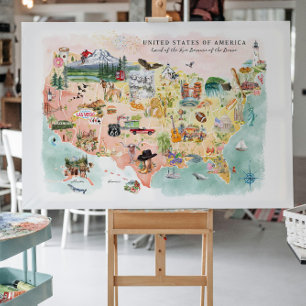 Postale Amérique   Carte de l'aquarelle illustrée USA