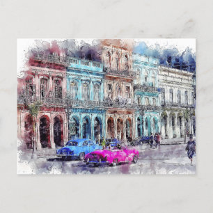 Postale Aquarelle Cuba havana voiture vintage ville carte 