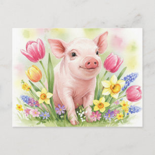 Postale Aquarelle Cute Pig Flowers Jeunes Animaux Carte po