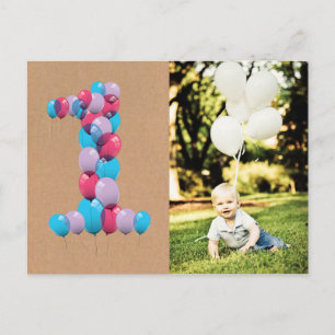Postale Bébé 1er Anniversaire Ballons Merci Photo Carte Po