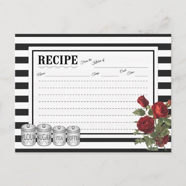 Postale Black | Carte de recette florale White Modern Stri (Devant)