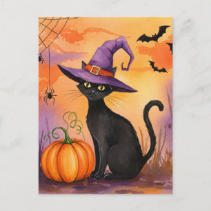 Postale Black Cat Spiders Citrouille Bats Halloween Carte 
