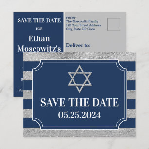 Postale Blue, Grey Bar Mitzvah Enregistrer la date Carte p
