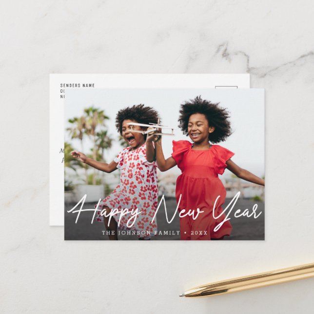 Postale BONNE NOUVELLE ANNÉE | typographie script carte de (Devant/Arrière en situation)