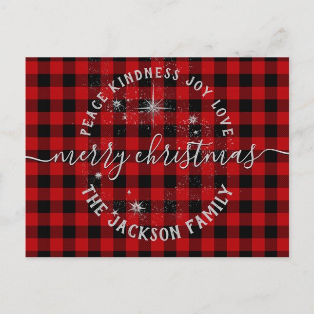 Postale Buffalo Plaid Argent Script Joyeuse carte de Noël (Devant)