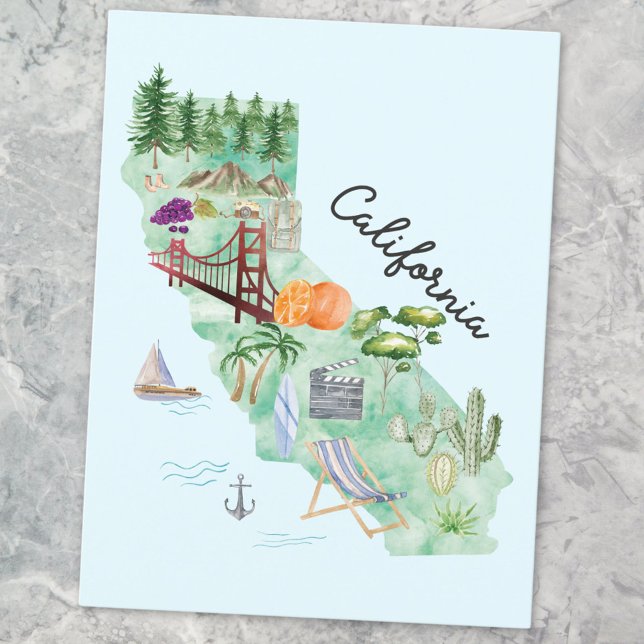 Postale Carte artistique de l'État de Californie à l'aquar (Close up)