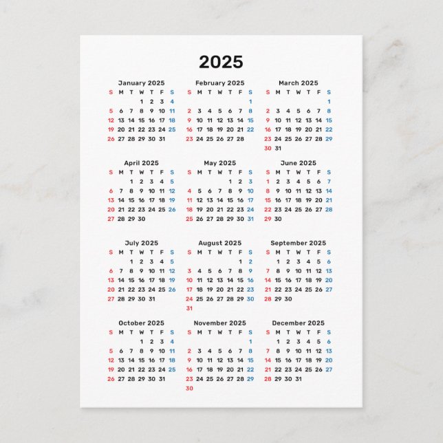 Postale Carte Calendrier 2025 : Début du dimanche, noir et (Devant)