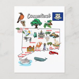 Postale Carte Connecticut avec destinations touristiques