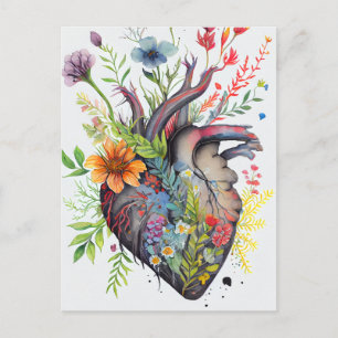 Postale Carte d'amour pour le coeur anatomique et les fleu