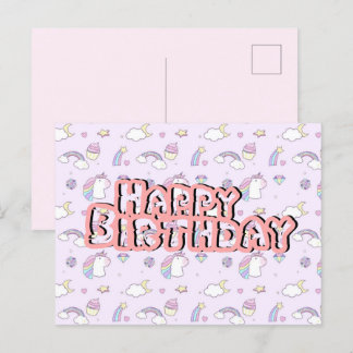 Postale Carte d'anniversaire licorne rose mignonne 