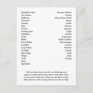 Postale Carte de Bingo Anniversaire Fête Appel Out Mots