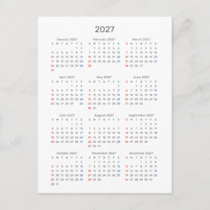 Postale Carte de calendrier 2027 : début dimanche, noir et