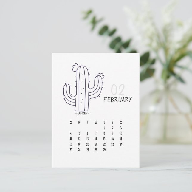 Postale Carte de calendrier Cactus personnalisable février (Debout devant)