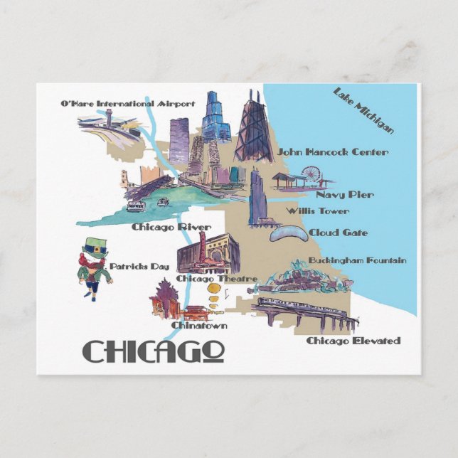 Postale carte de Chicago Michigan avec attractions  (Devant)