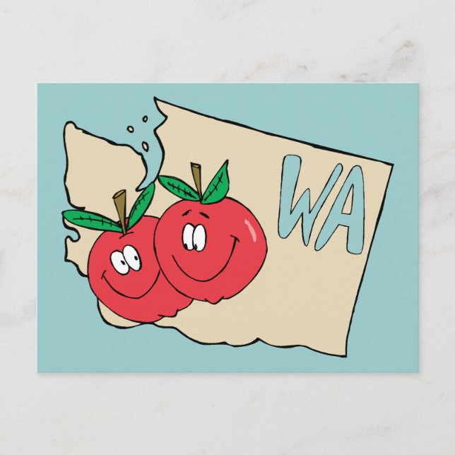 Postale Carte de dessin de Washington State WA avec Apple  (Devant)