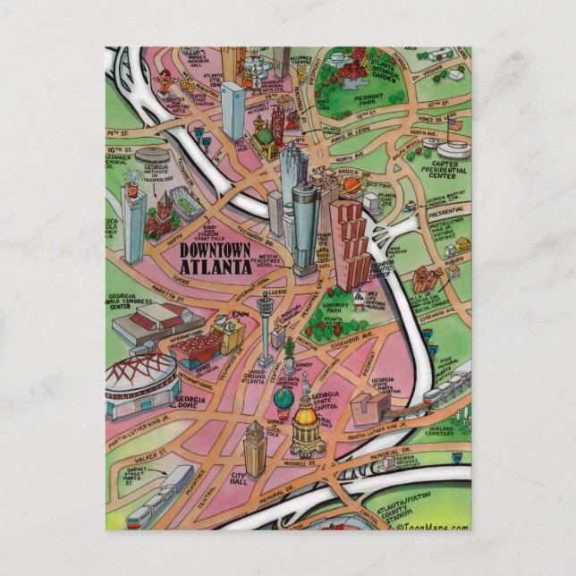 Postale Carte de dessin du centre-ville d'Atlanta en Géorg (Devant)