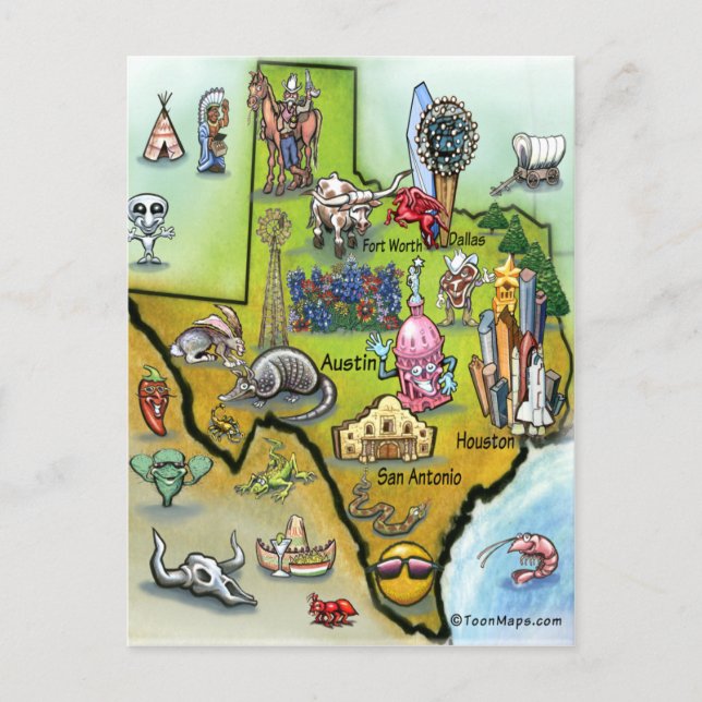 Postale Carte de dessin du Texas (Devant)