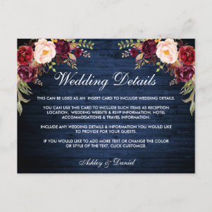 Postale Carte de détails de mariage en bois floral rustiqu