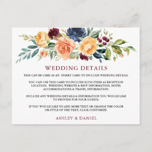 Postale Carte de détails de mariage floral aquarelle borde