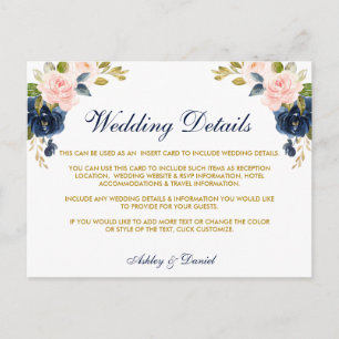 Postale Carte de détails de mariage floral rose bleu or