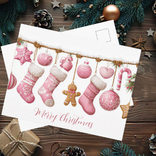 Postale Carte de guirlande de Noël rose festive et mignonn