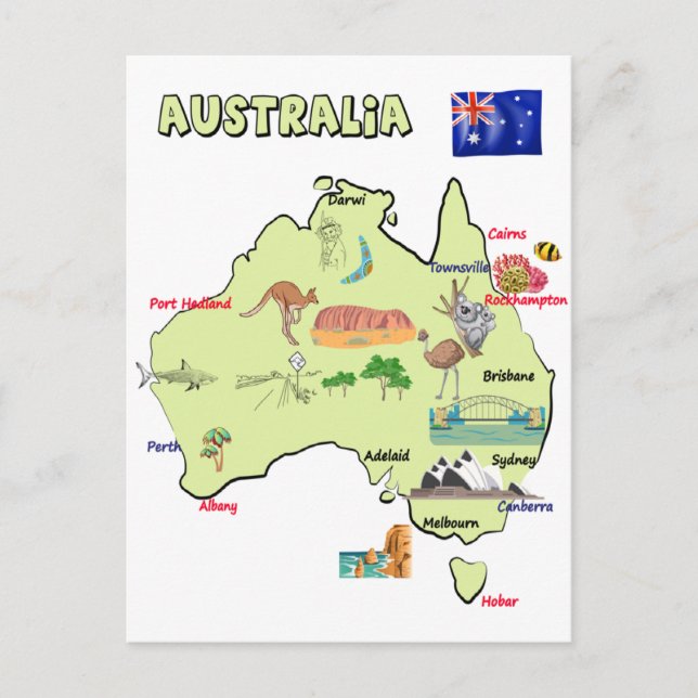 Postale carte de l'Australie avec les principales villes (Devant)