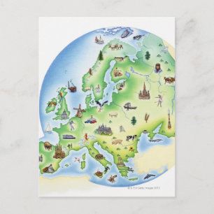 Postale Carte de l'Europe avec des illustrations de célèbr