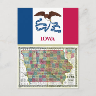 Postale Carte de l'Iowa et drapeau de l'État