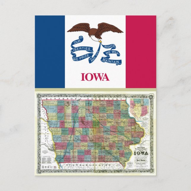 Postale Carte de l'Iowa et drapeau de l'État (Devant)