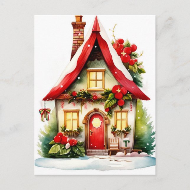 Postale Carte de Noël de maison à l'aquarelle (Devant)