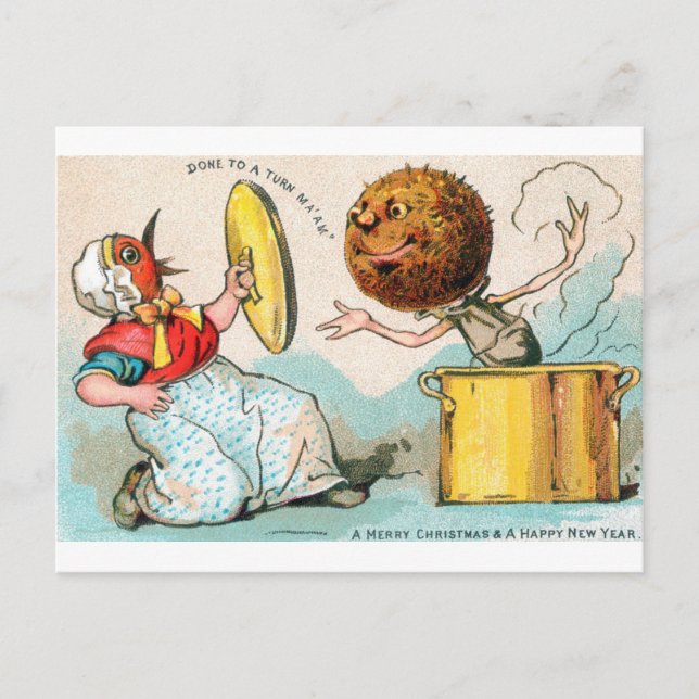 Postale Carte de Noël où le pudding attaque la dame aux oi (Devant)