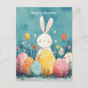 Postale Carte de Pâques avec fleurs et lapin de Pâques