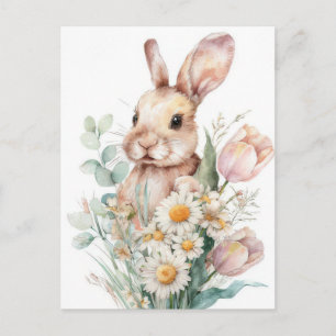 Postale Carte de Pâques avec Fleurs et Lapin de Pâques