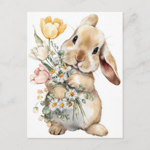 Postale Carte de Pâques avec Fleurs et Lapin de Pâques