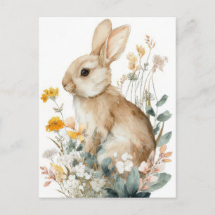 Postale Carte de Pâques avec fleurs et lapin de Pâques