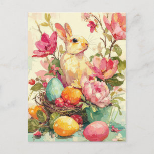 Postale Carte de Pâques avec Fleurs et Lapin de Pâques