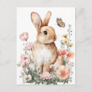 Postale Carte de Pâques avec fleurs et lapin de Pâques