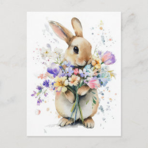 Postale Carte de Pâques avec fleurs et lapin de Pâques