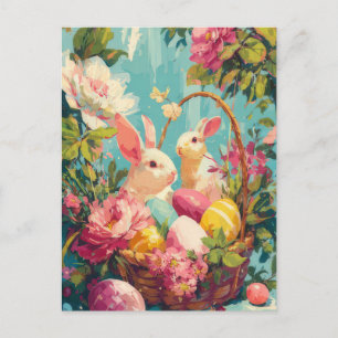 Postale Carte de Pâques avec Fleurs et Lapin de Pâques