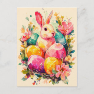 Postale Carte de Pâques avec fleurs et lapin de Pâques