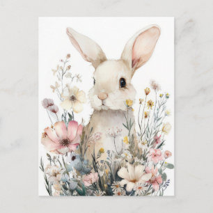 Postale Carte de Pâques avec fleurs et lapin de Pâques