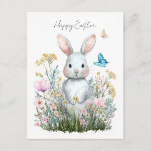 Postale Carte de Pâques avec Fleurs et Lapin de Pâques