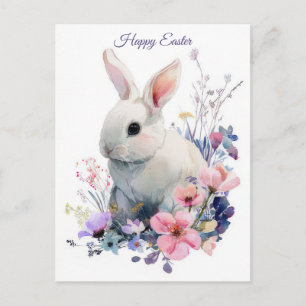 Postale Carte de Pâques avec fleurs et lapin de Pâques