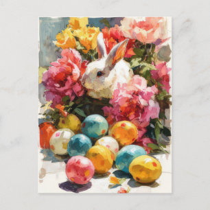 Postale Carte de Pâques avec fleurs et lapin de Pâques