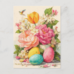 Postale Carte de Pâques avec Fleurs et Lapin de Pâques