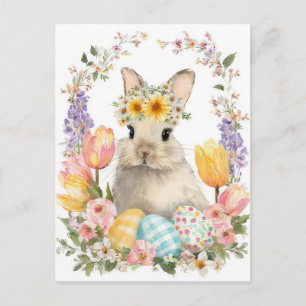 Postale Carte de Pâques avec Fleurs et Lapin de Pâques