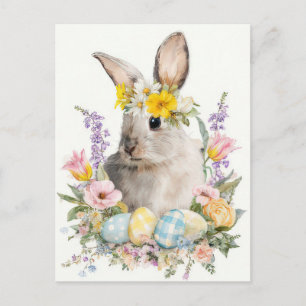 Postale Carte de Pâques avec fleurs et lapin de Pâques