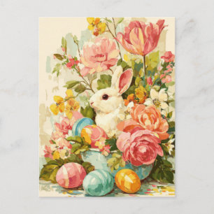 Postale Carte de Pâques avec fleurs et lapin de Pâques
