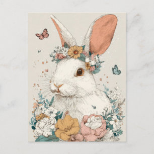 Postale Carte de Pâques avec fleurs et lapin de Pâques